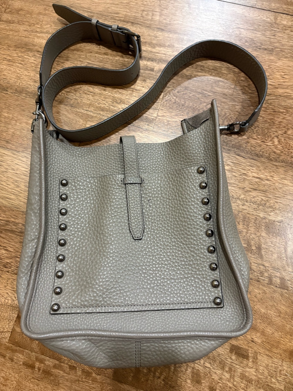 Rebecca Minkoff gray, studded shoulder bag 10x11”. Pebbled leather